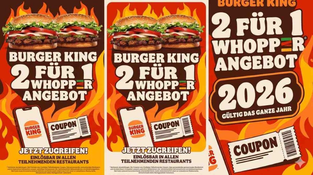 Burger King 2 für 1 Whopper Angebot 2026